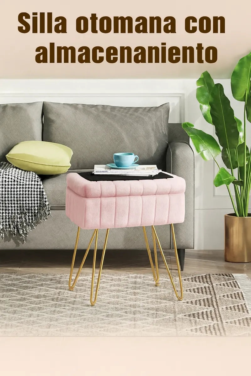 Taburete De Terciopelo Con Cajon Patas Metal De Calidad ROSADO