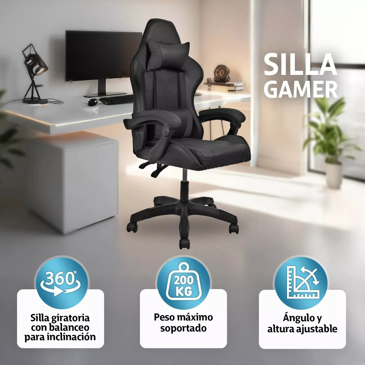 Silla Gamer Pro Giratoria Para Pc Gaming Fuerte Ergonomica NEGRA