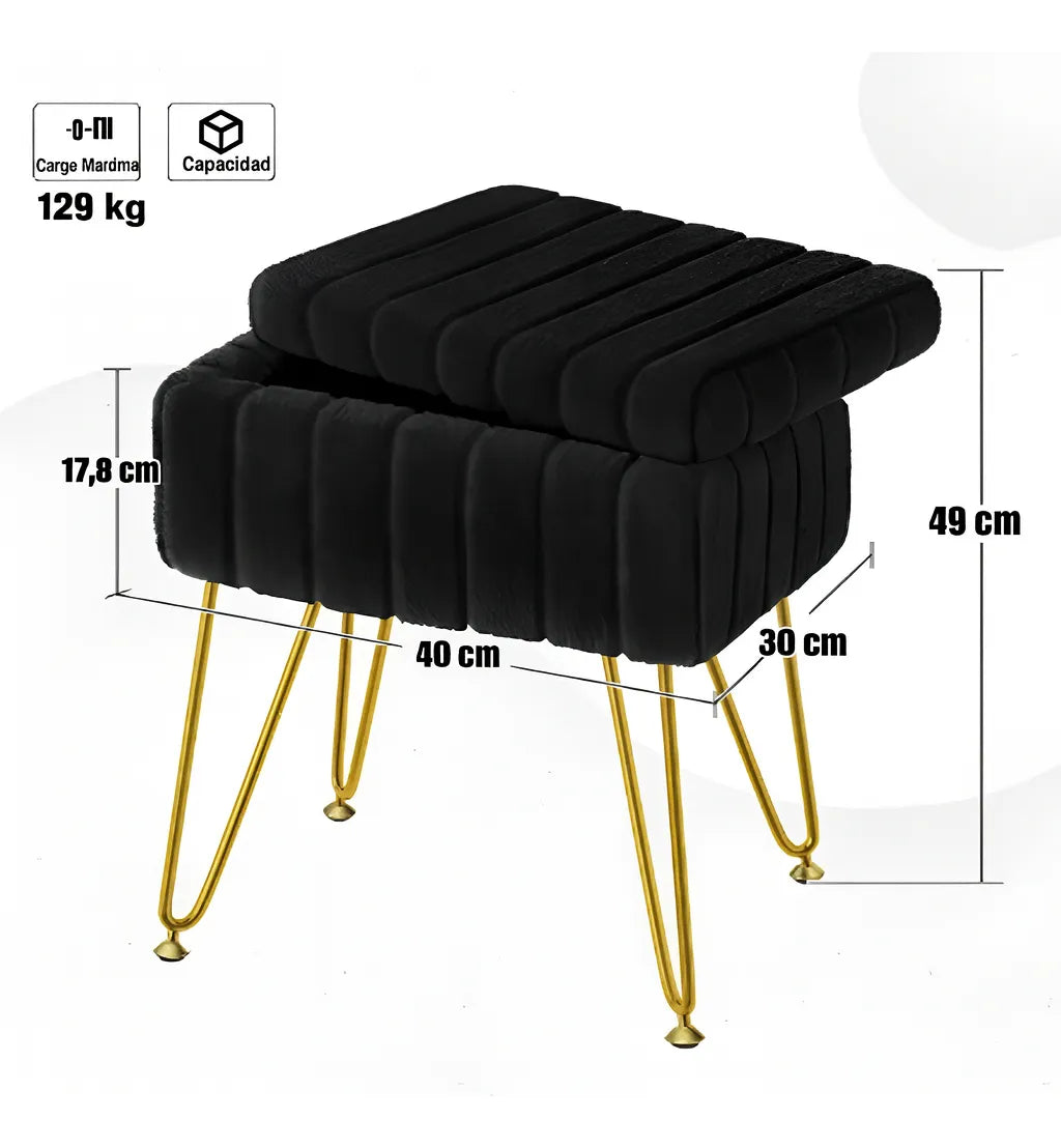 Taburete de Terciopelo con Cajón – Patas de Metal de Calidad NEGRO