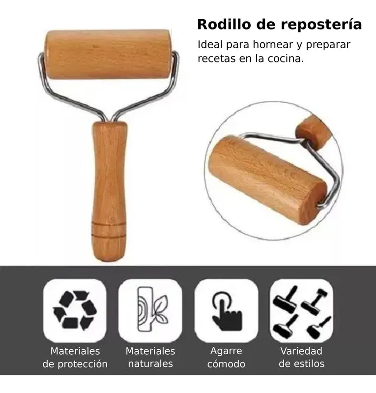 Rodillo Para Amasar Madera Pasteleria Utensilio Cocina
