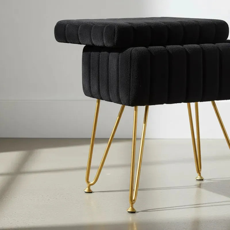 Taburete de Terciopelo con Cajón – Patas de Metal de Calidad NEGRO