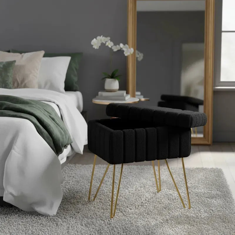 Taburete de Terciopelo con Cajón – Patas de Metal de Calidad NEGRO