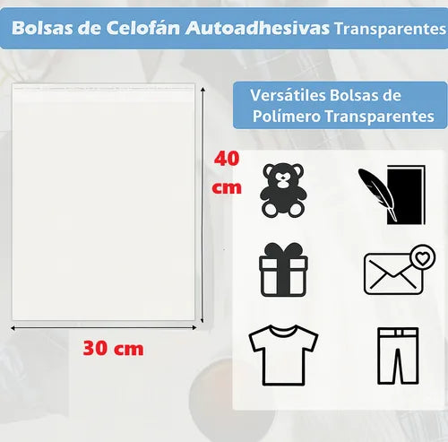 Bolsas De Celofan Grandes Con Adhesivo 30x40cm 100u Vestimenta