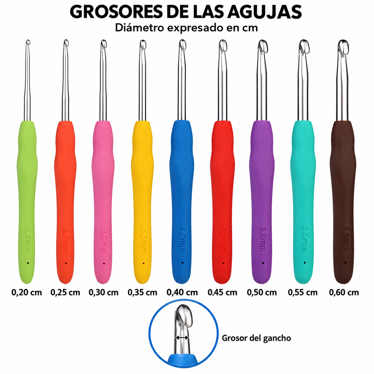 Set de 9 agujas de crochet · Mango de silicona antideslizante
