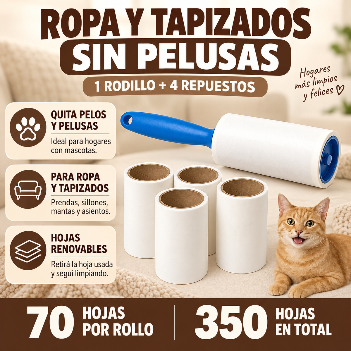 Rodillo Adhesivo Quita Pelos Pelusa Pack + 4 Repuestos