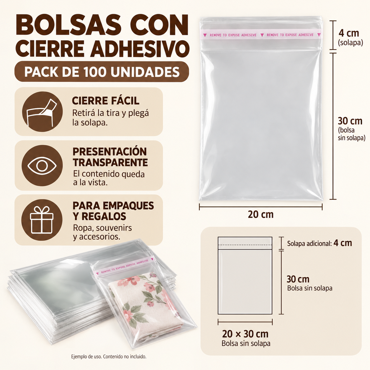 Bolsas Celofan Adhesivas Cierre Facil 20x30cm 100u