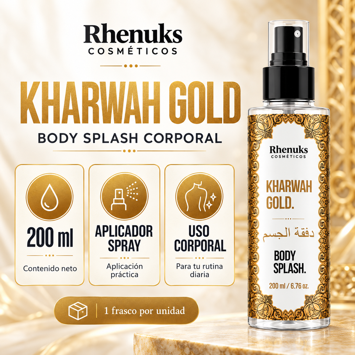Desodorante Body Splash Kharwah Gold 200ml - Rhenuks Cosméti
