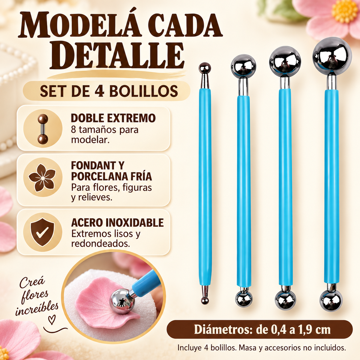 Set De 4 Bolillos De Acero Inoxidable