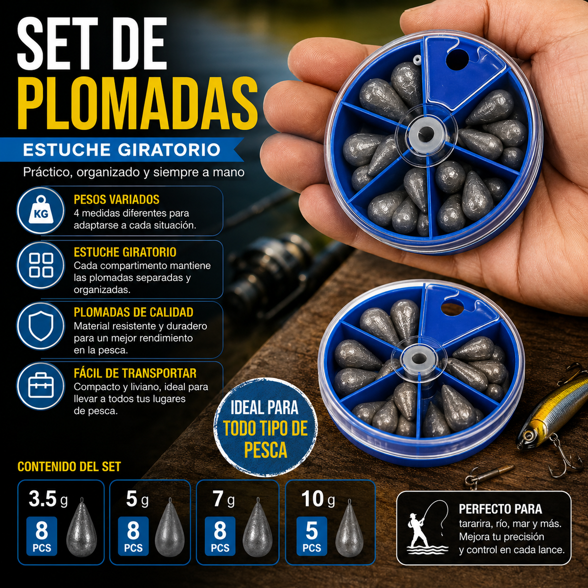 Set Plomadas En Estuche Giratorio Pesca Caña Tararira Rio