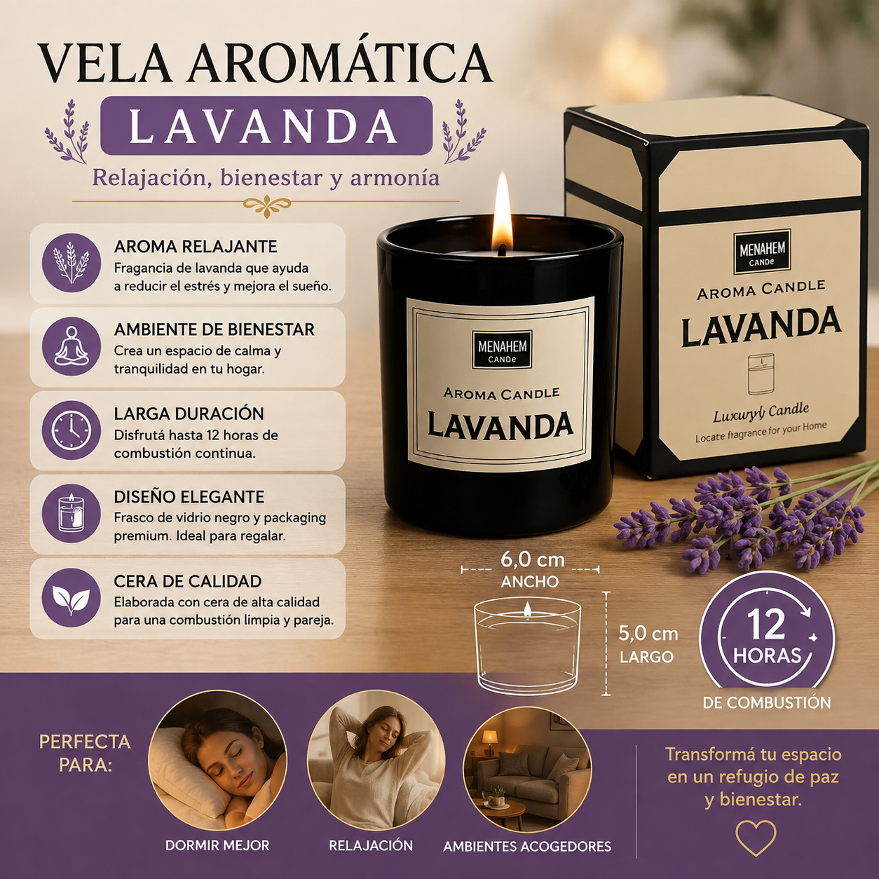 Vela Aromatica Frasco Vidrio Para Dormir Relajacion LAVANDA