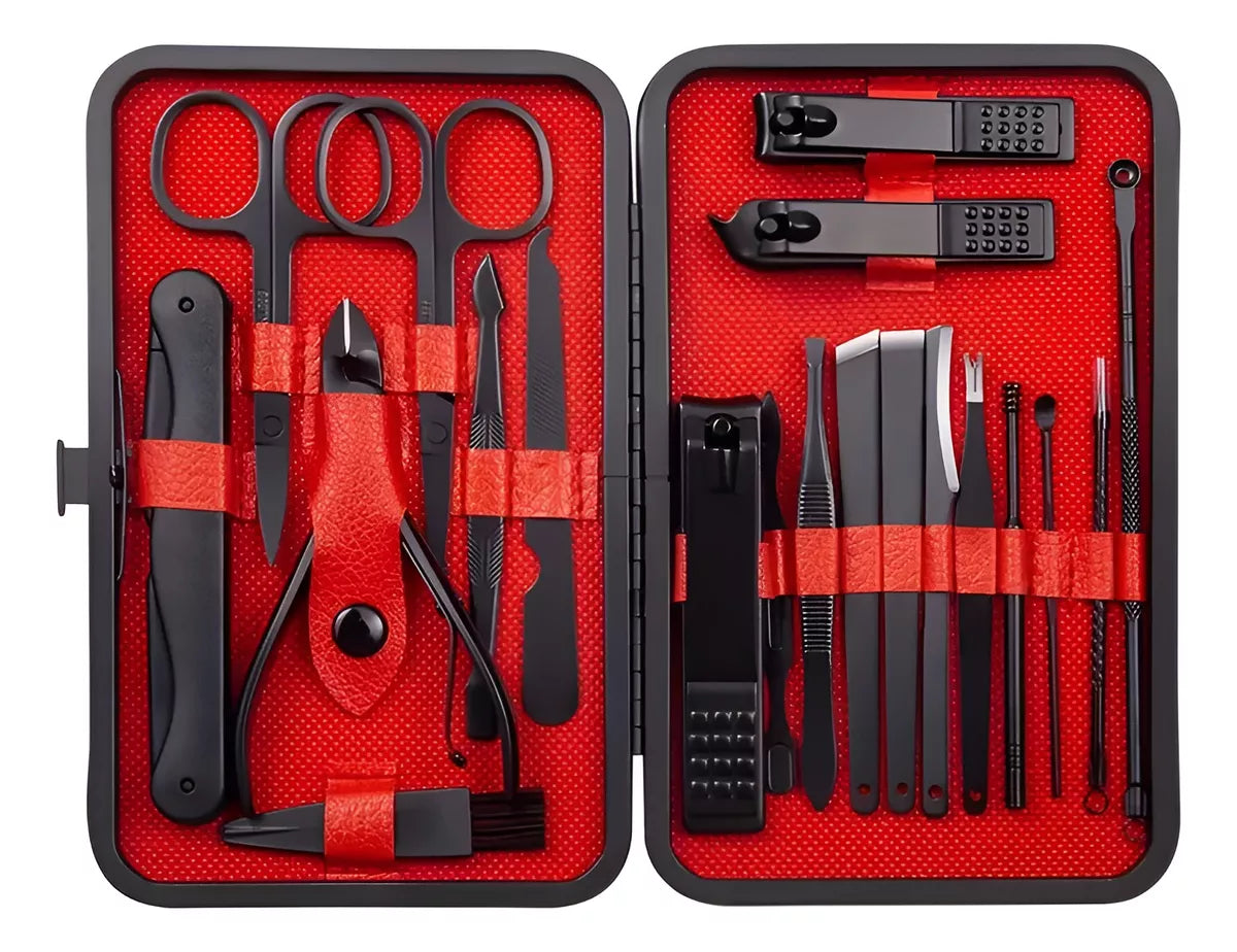 Juego De Corta Uñas Uñas Negro Y Rojo 20pz Tijera Pedicura