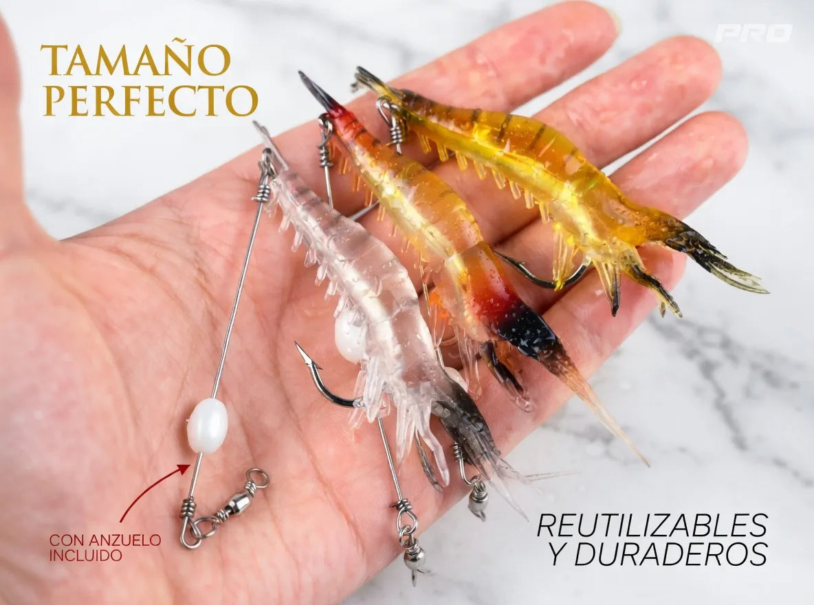 Kit X3 Camaron Silicona Reutilizables Grandes Con Anzuelo