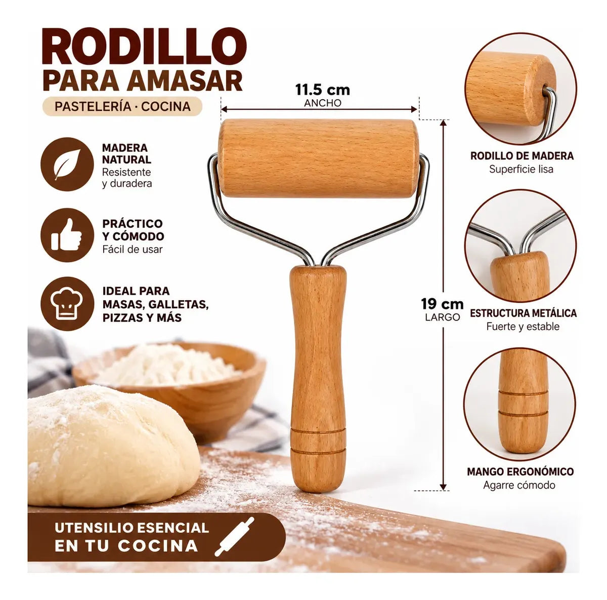 Rodillo Para Amasar Madera Pasteleria Utensilio Cocina