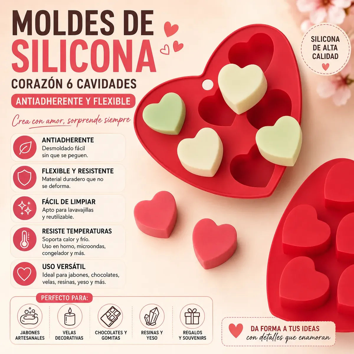 Moldes De Silicona Corazon 6 Cavidades Antiadherente