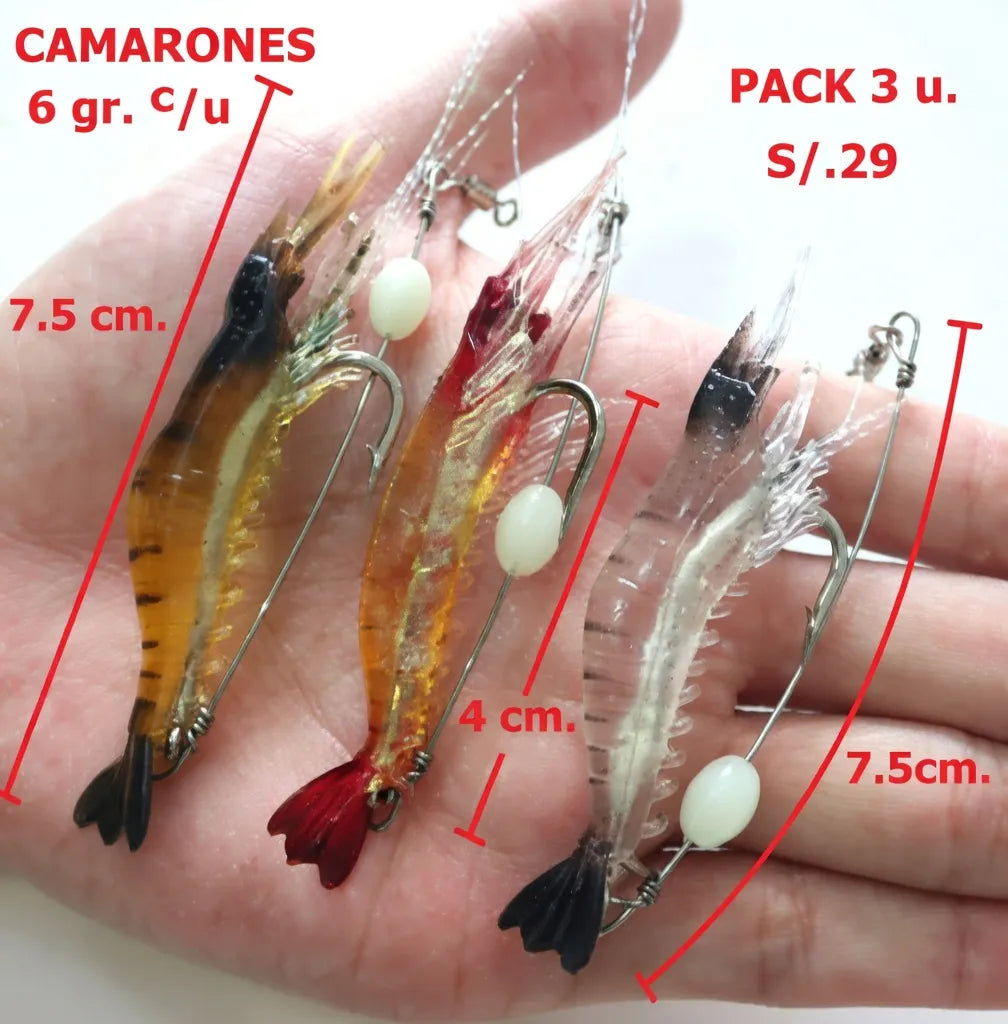 Kit X3 Camaron Silicona Reutilizables Grandes Con Anzuelo