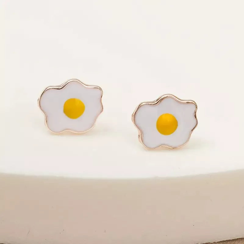 Set X2 Caravanas Con Forma Huevo Frito Aleación Plata