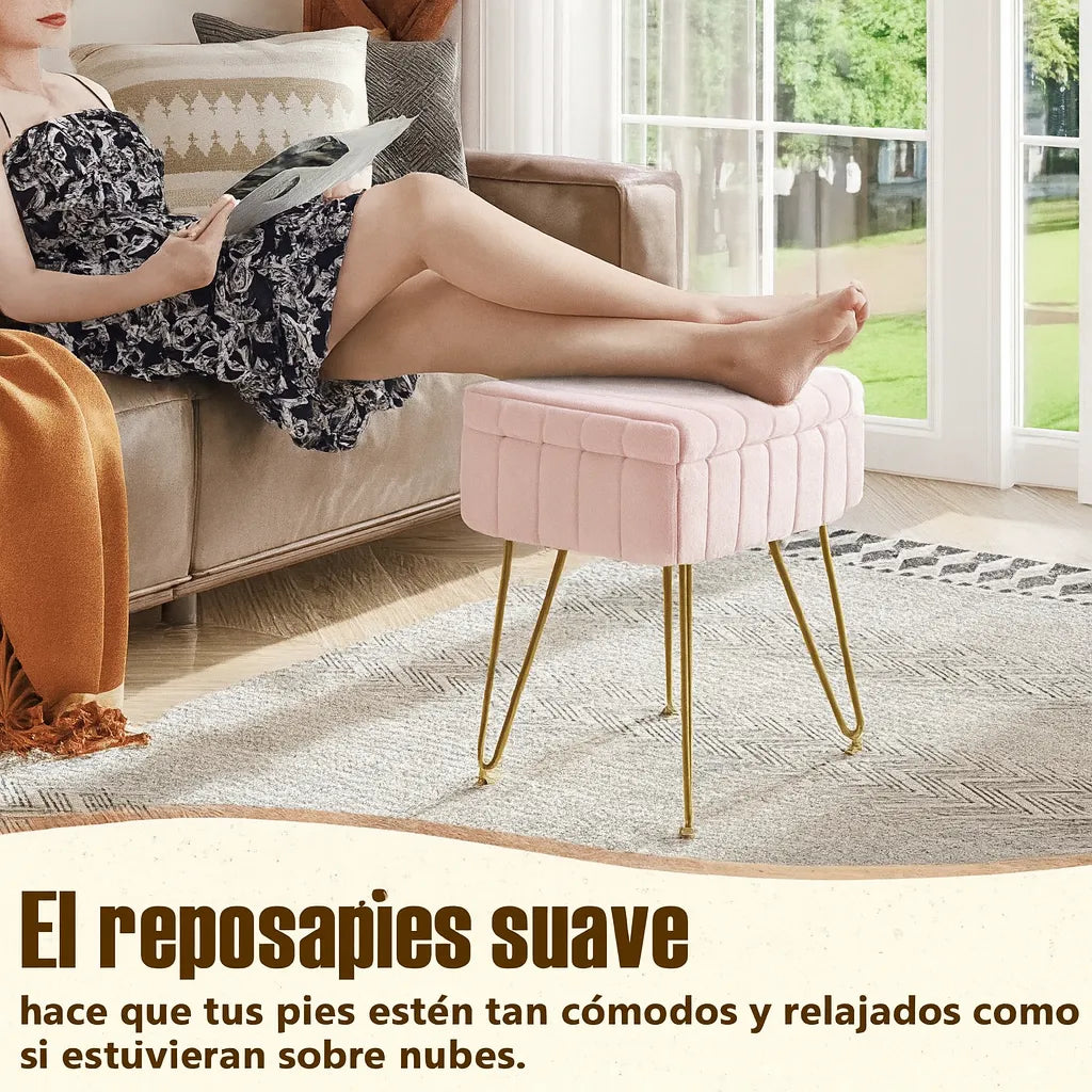 Taburete De Terciopelo Con Cajon Patas Metal De Calidad ROSADO