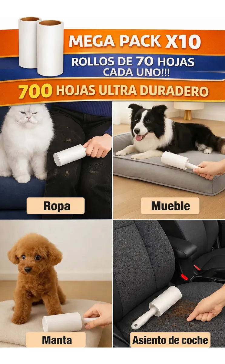 Rodillo Adhesivo Quita Pelos Pelusa Pack X10 Repuesto 700h Blanco
