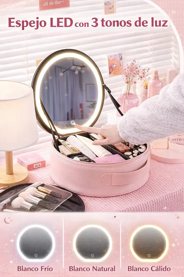 Neceser De Viaje Con Espejo Led Porta Maquillaje Con Manija