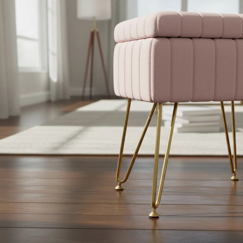 Taburete De Terciopelo Con Cajon Patas Metal De Calidad ROSADO
