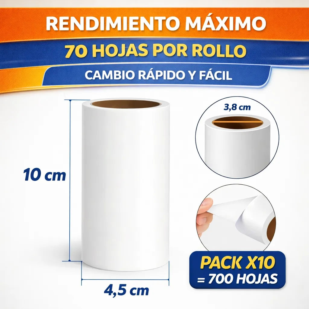 Rodillo Adhesivo Quita Pelos Pelusa Pack X10 Repuesto 700h Blanco