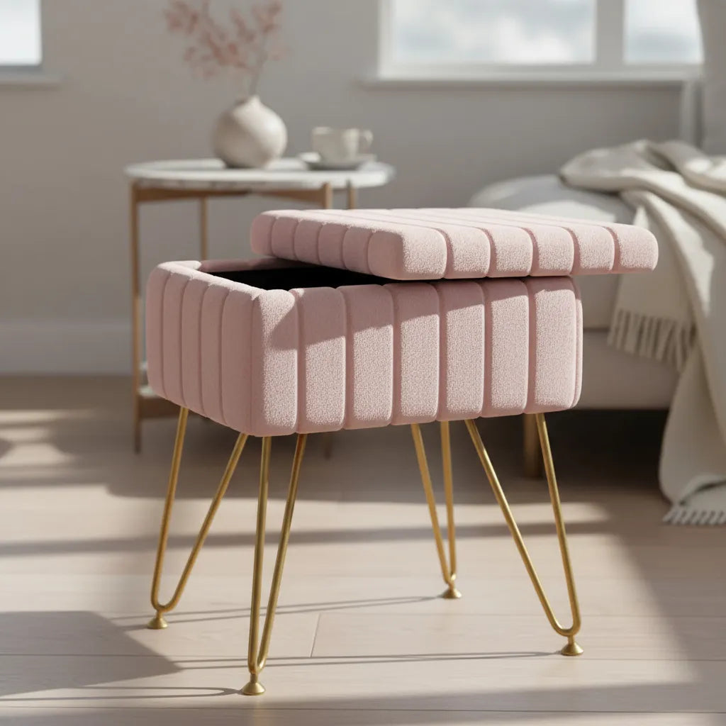 Taburete De Terciopelo Con Cajon Patas Metal De Calidad ROSADO