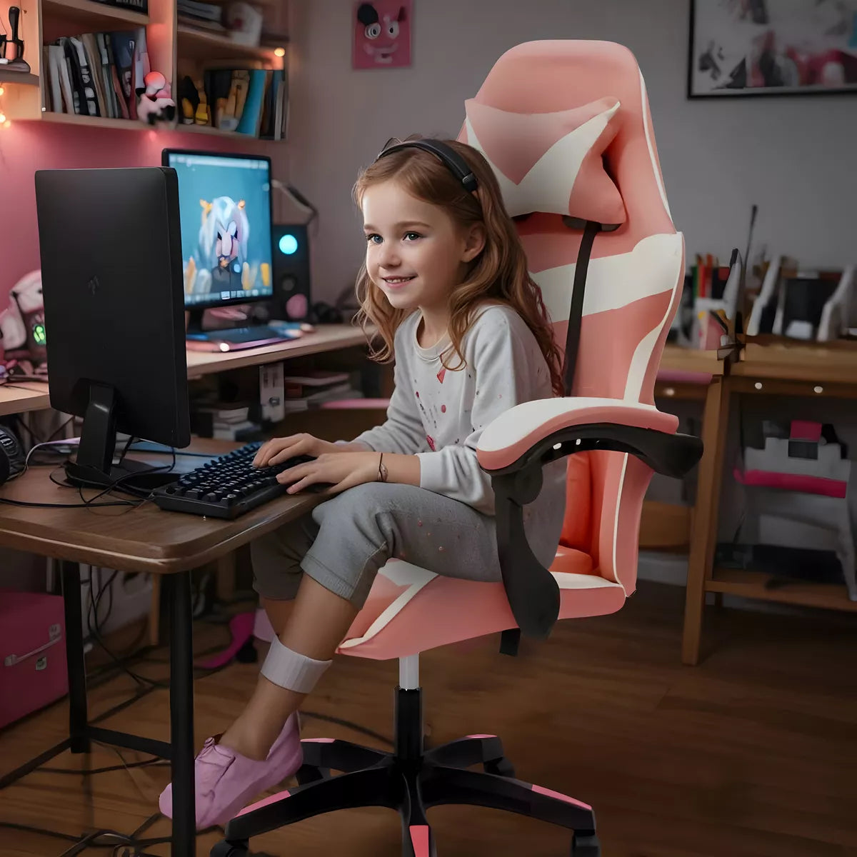 Silla Gamer Pro Giratoria Para Pc Gaming Fuerte Ergonomica ROSADA