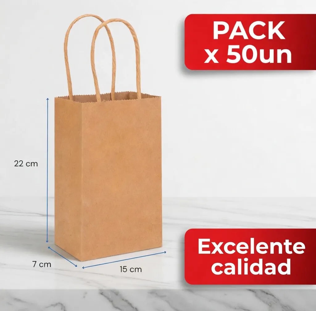 Pack 50 Bolsa De Papel Kraft Con Asas Pequeña 15x22cm