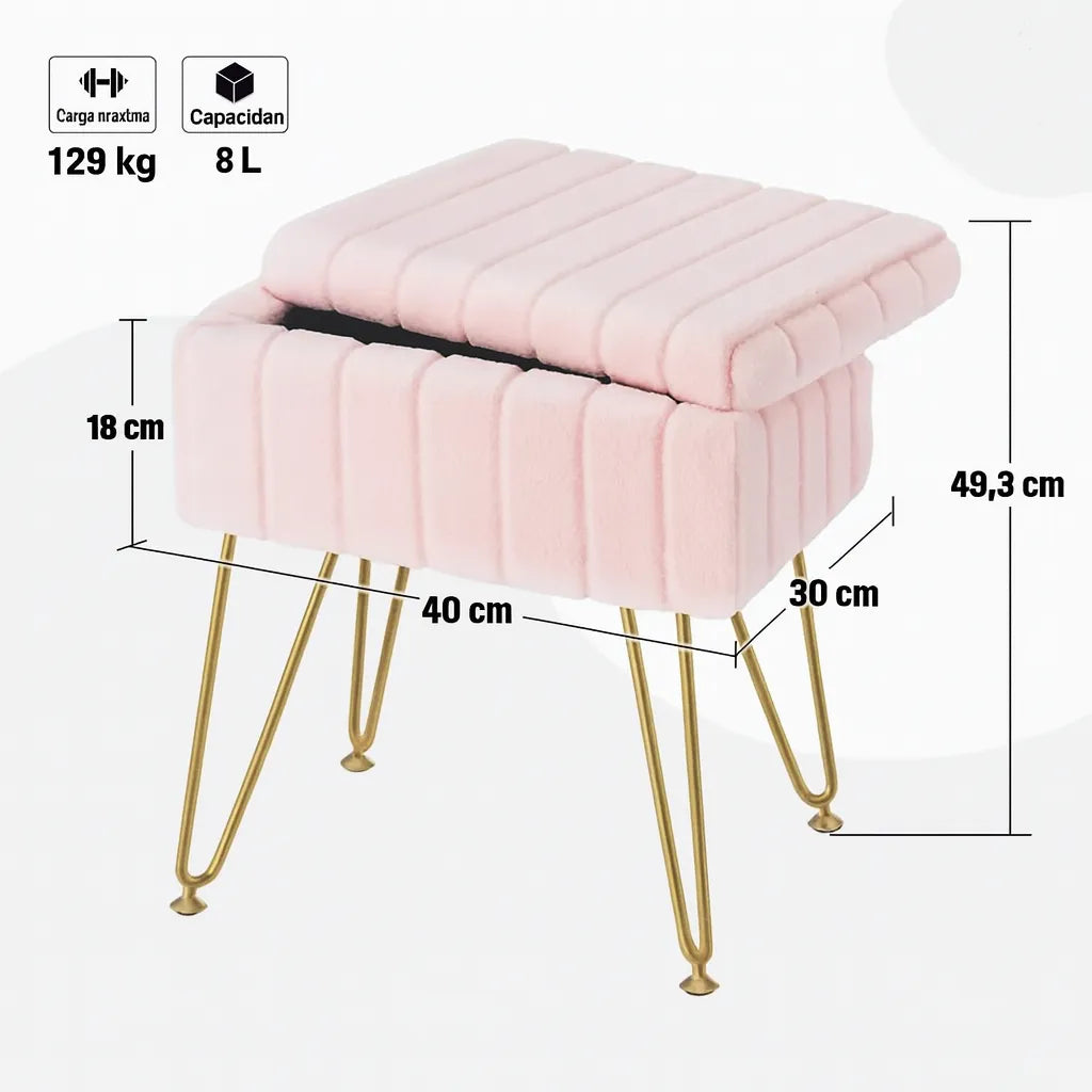 Taburete De Terciopelo Con Cajon Patas Metal De Calidad ROSADO