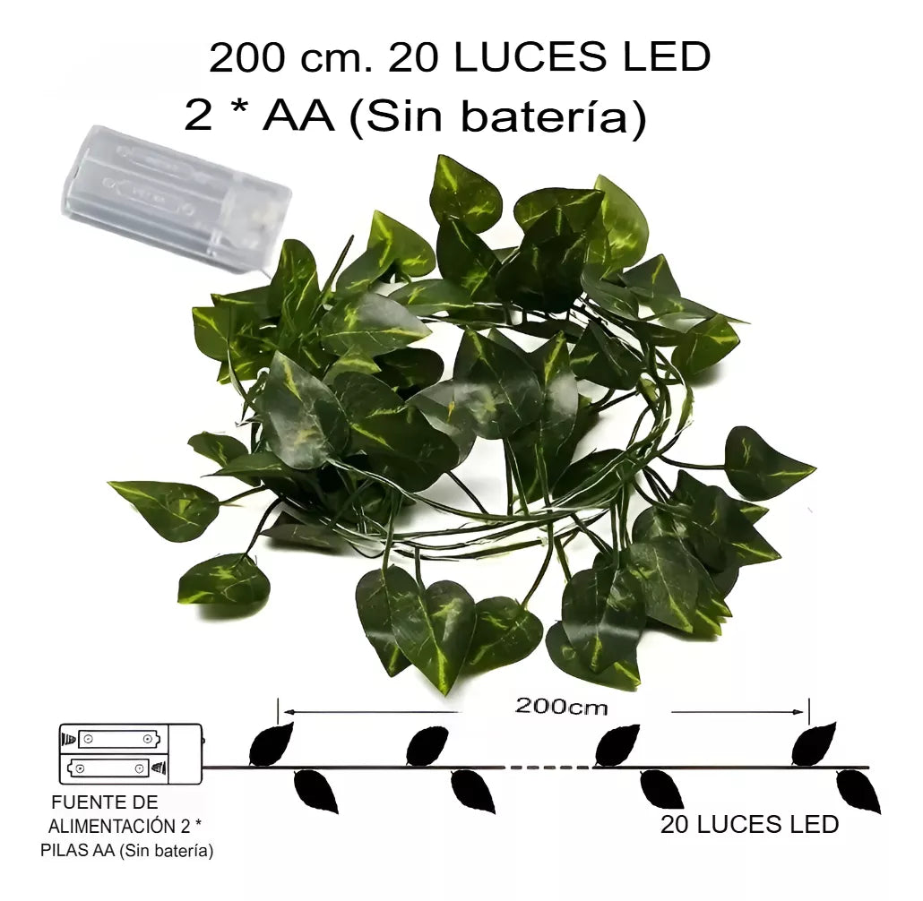 Guirnalda Enredadera Hojas Verde Artificial Pila Luz Led 2m