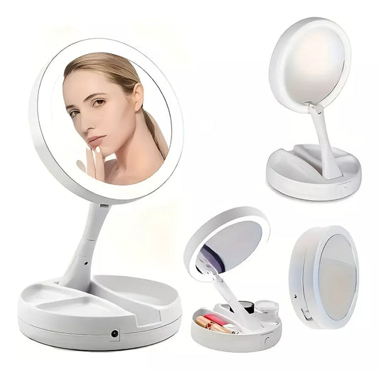 Espejo De Maquillaje Con Luz Led Plegable Con Aumento De X10 FEDE-018