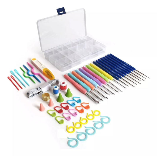 Completo Set Agujas Crochet + Estuche + Accesorios Tejido 55 piezas