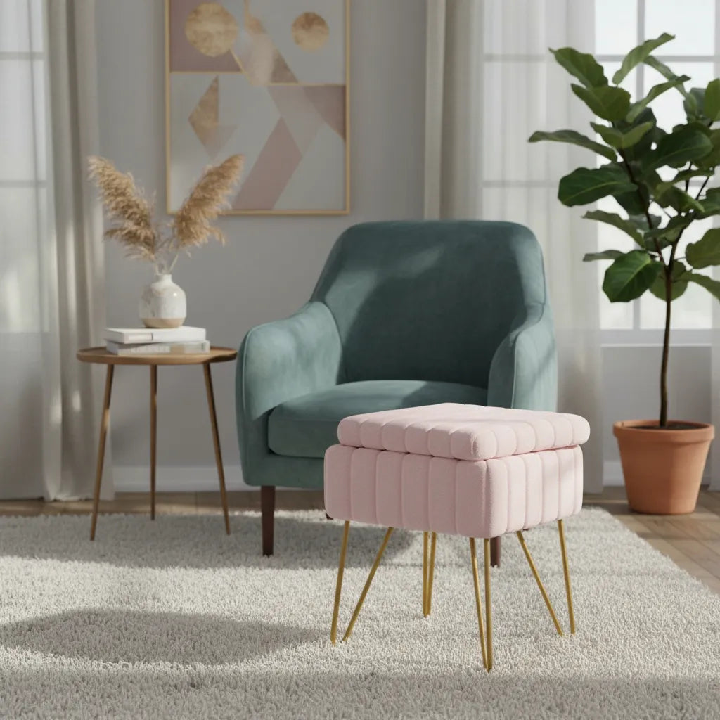 Taburete De Terciopelo Con Cajon Patas Metal De Calidad ROSADO