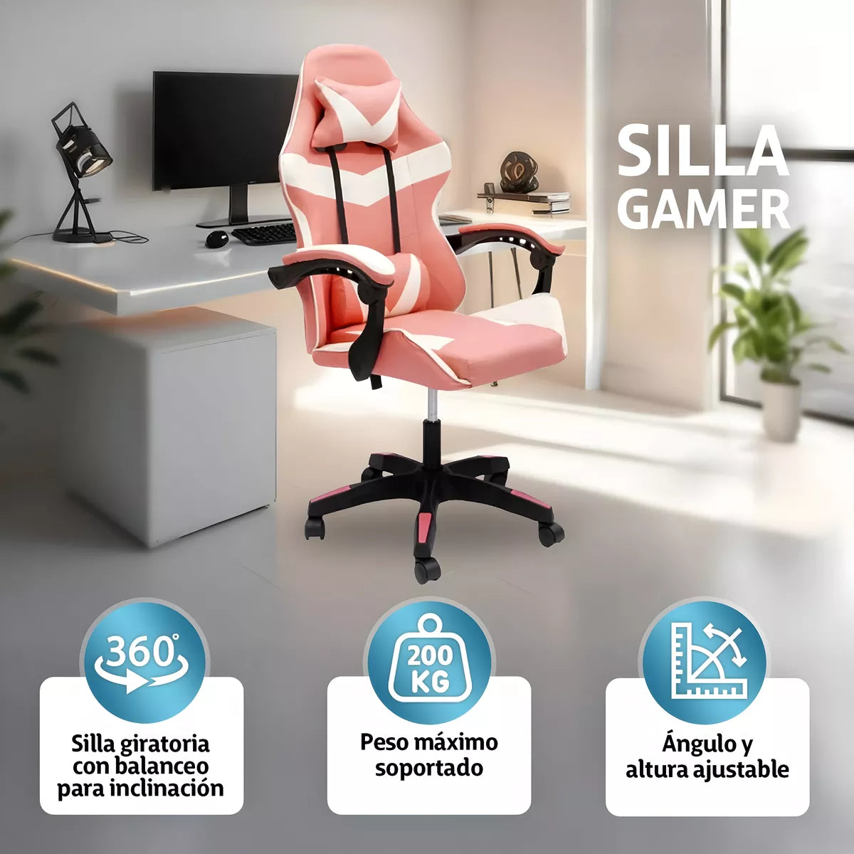 Silla Gamer Pro Giratoria Para Pc Gaming Fuerte Ergonomica ROSADA