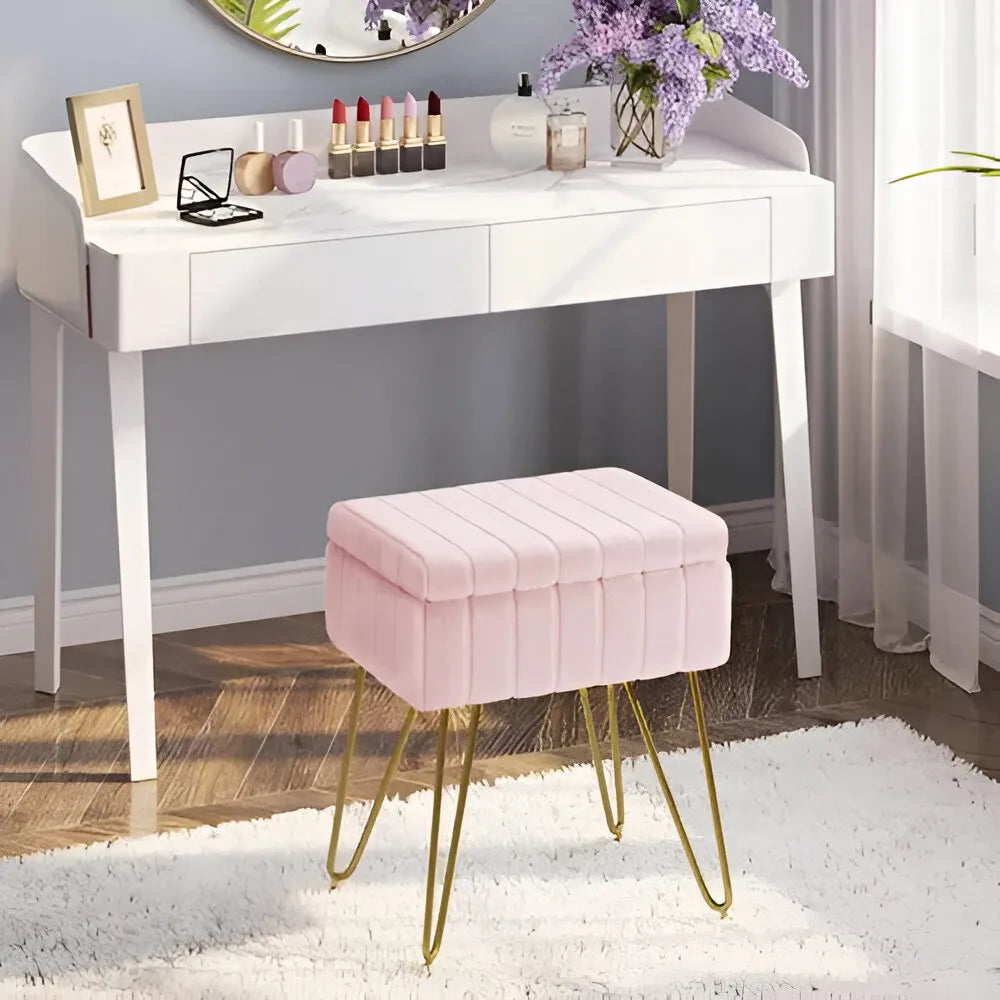 Taburete De Terciopelo Con Cajon Patas Metal De Calidad ROSADO