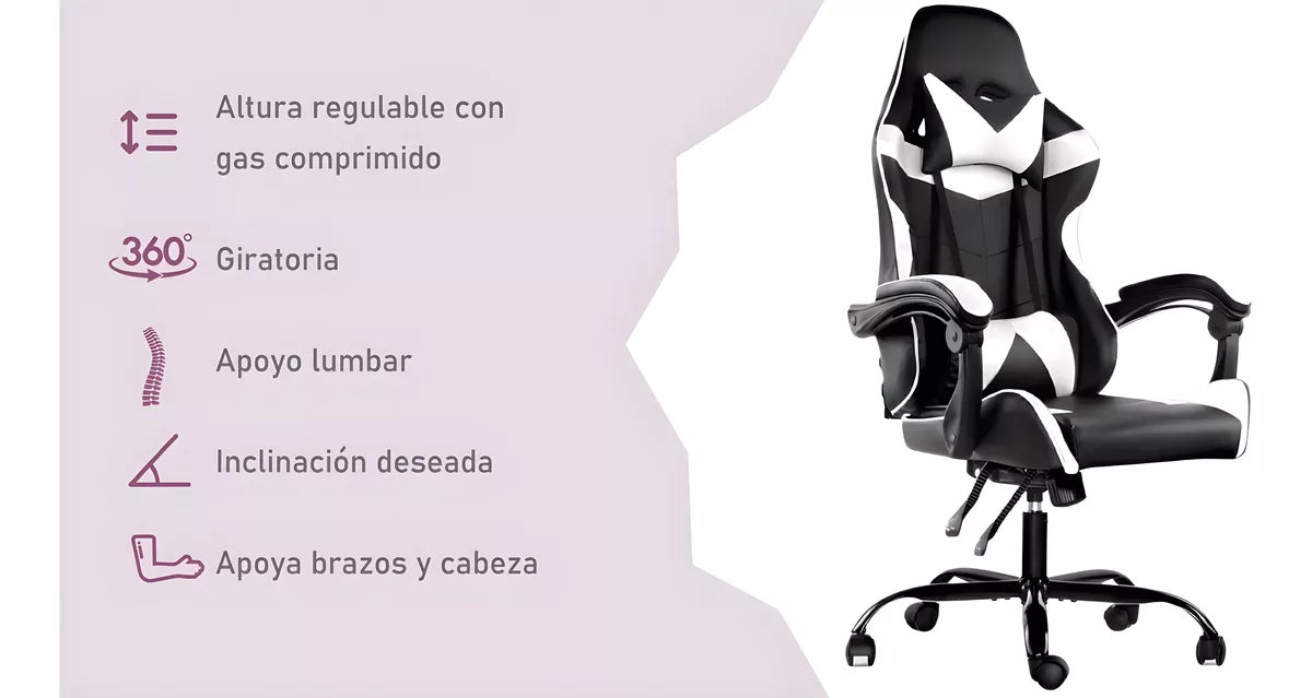 Silla Gamer Pro Giratoria Para Pc Gaming Fuerte Ergonomica negra y blanca