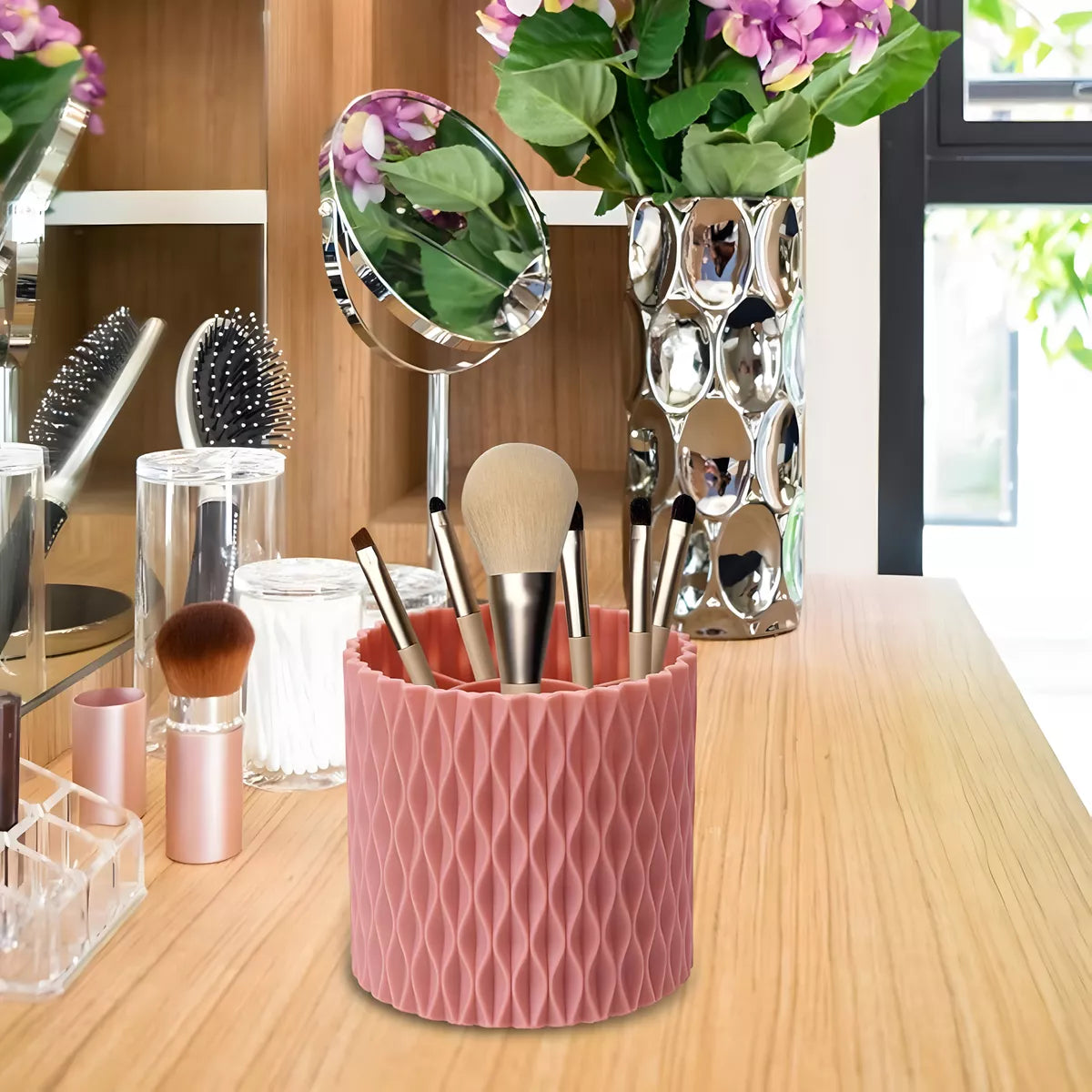 Organizador De Maquillaje O Pinceles Giratorio 360° Moderno ROSADO