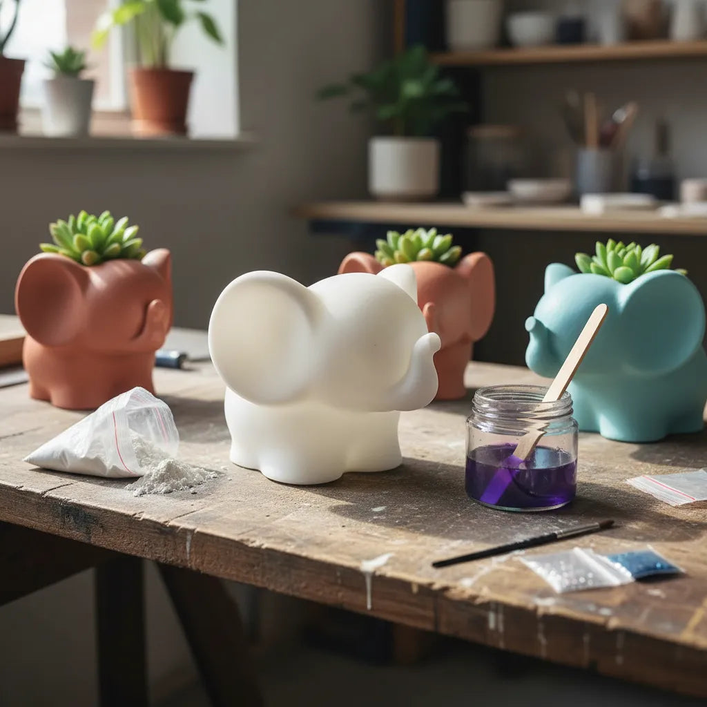Moldesilicona Forma Elefante Con Maceta Yeso Resina Epoxi Blanco R-045