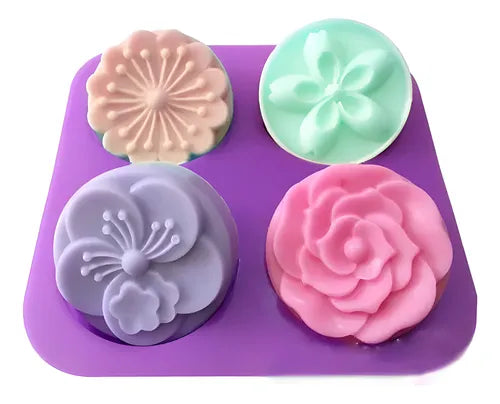 Molde Silicona 4 Flor Jabones Artesanales Velas Cera De Soja