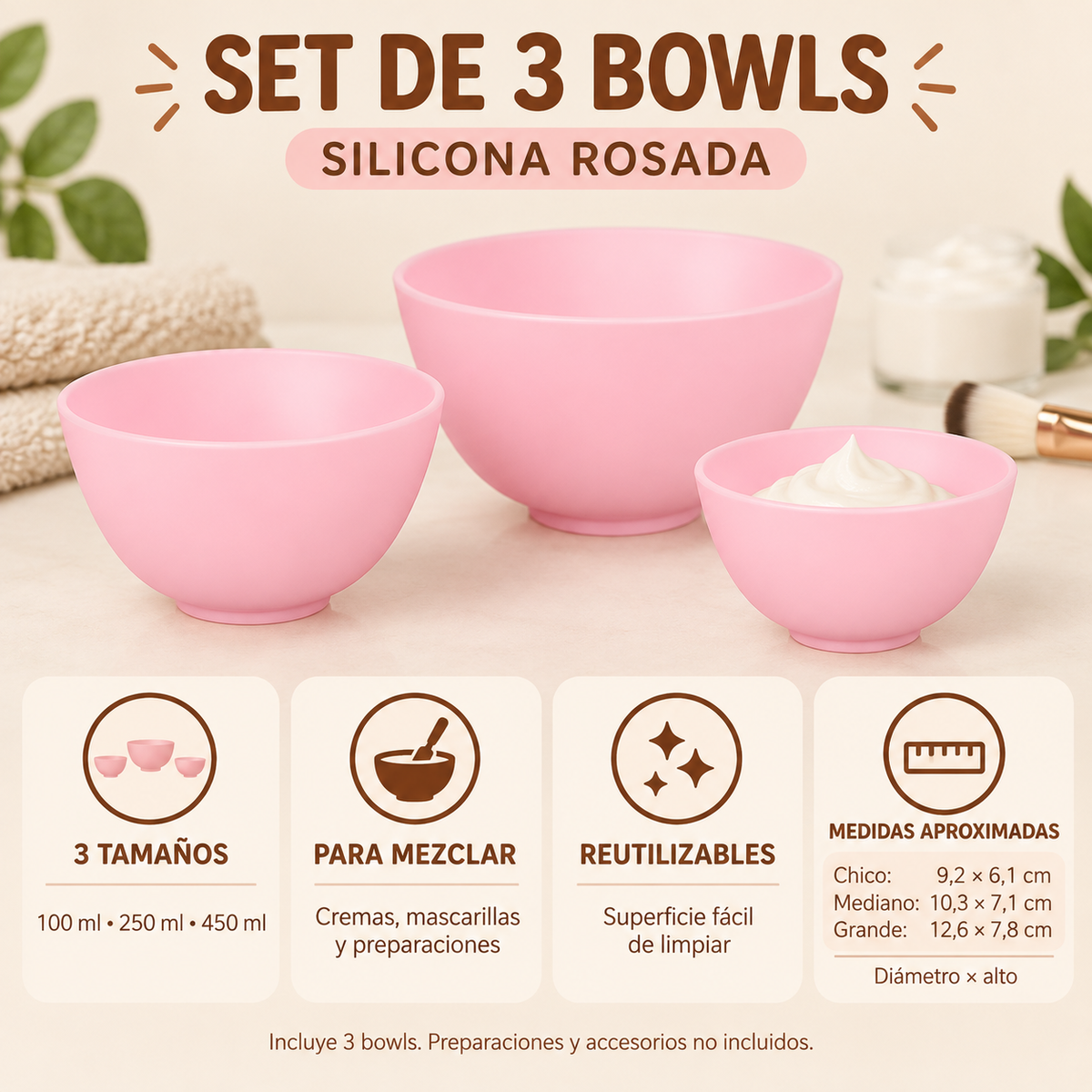 Set de 3 bowls de silicona rosados · Mezcladores FEDE-010