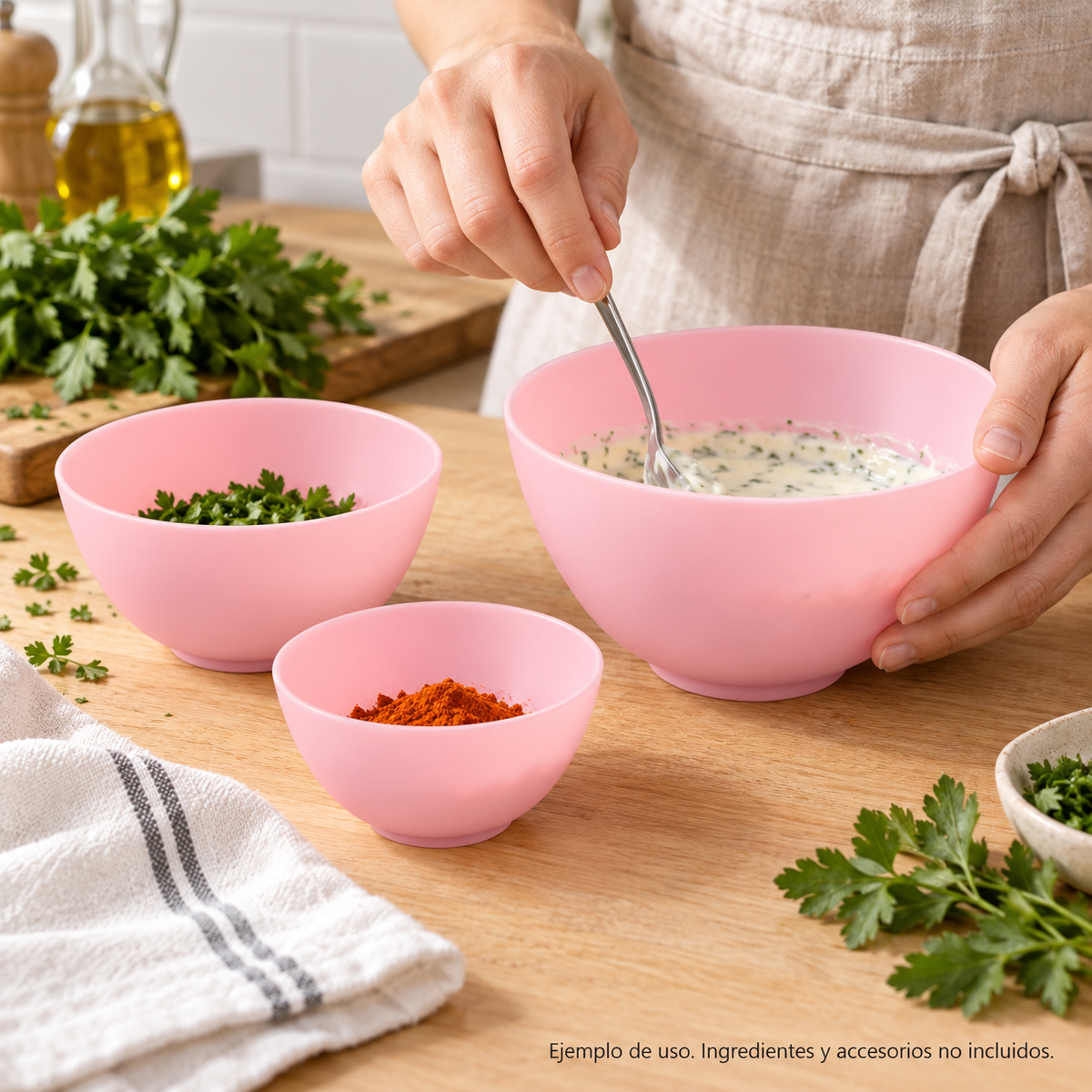 Set de 3 bowls de silicona rosados · Mezcladores FEDE-010
