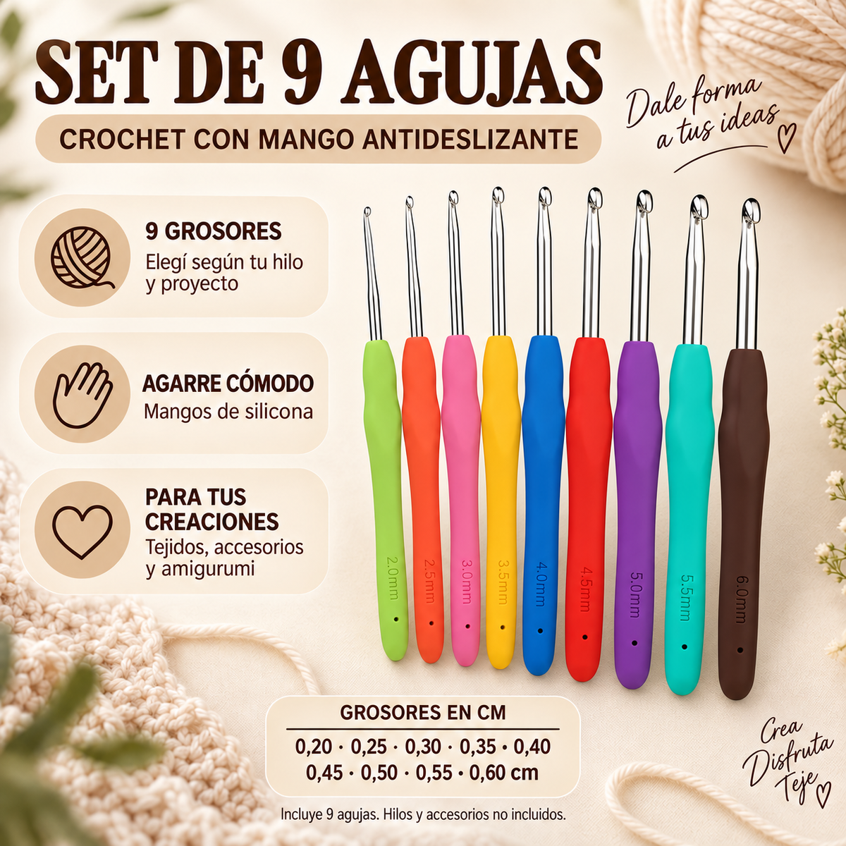 Set de 9 agujas de crochet · Mango de silicona antideslizante