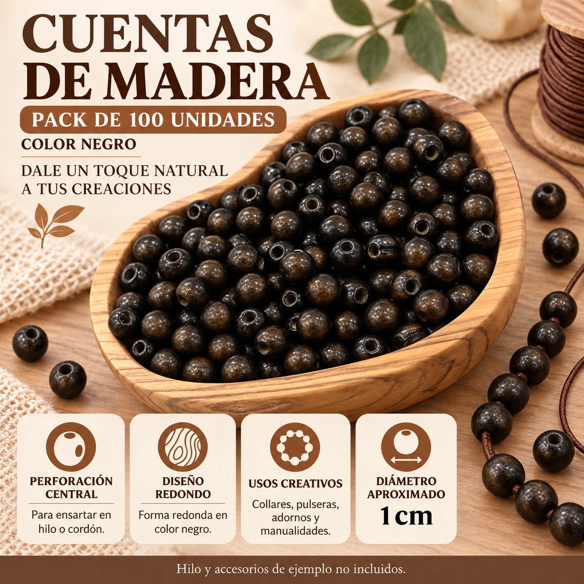 Cuentas de madera negras de 1 cm · Pack de 100 unidades