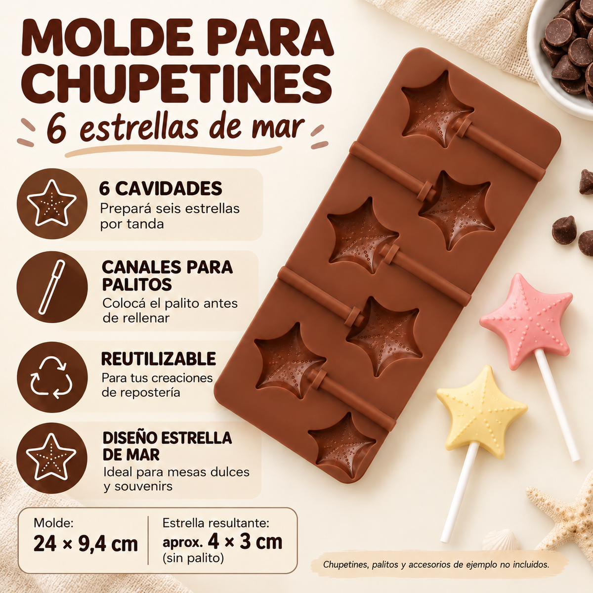 Molde Silicona Chupetines 6 Estrellas De Mar Con Canal