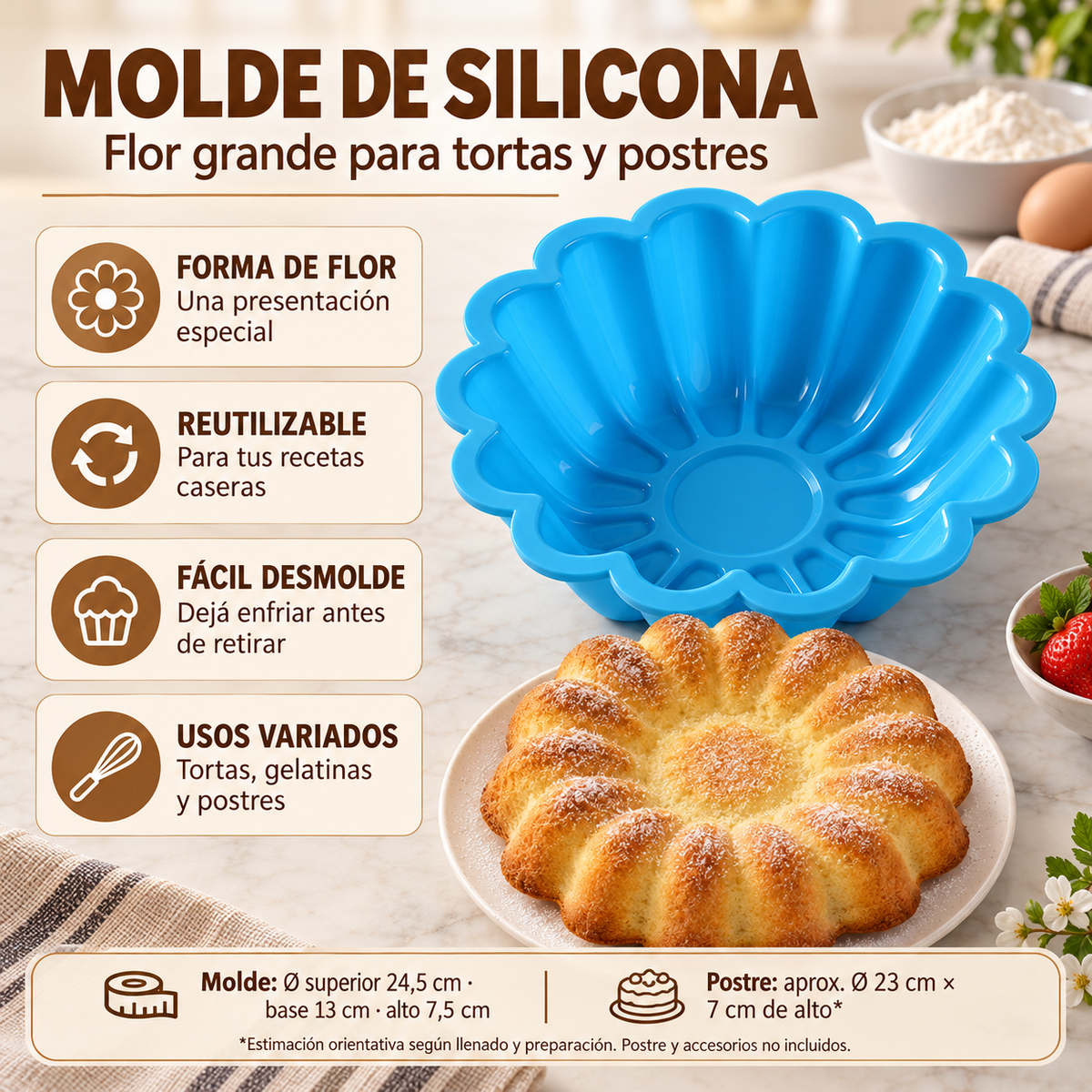 Molde Silicona Flor Grande 24,5 Cm Tortas Pasteles Postres