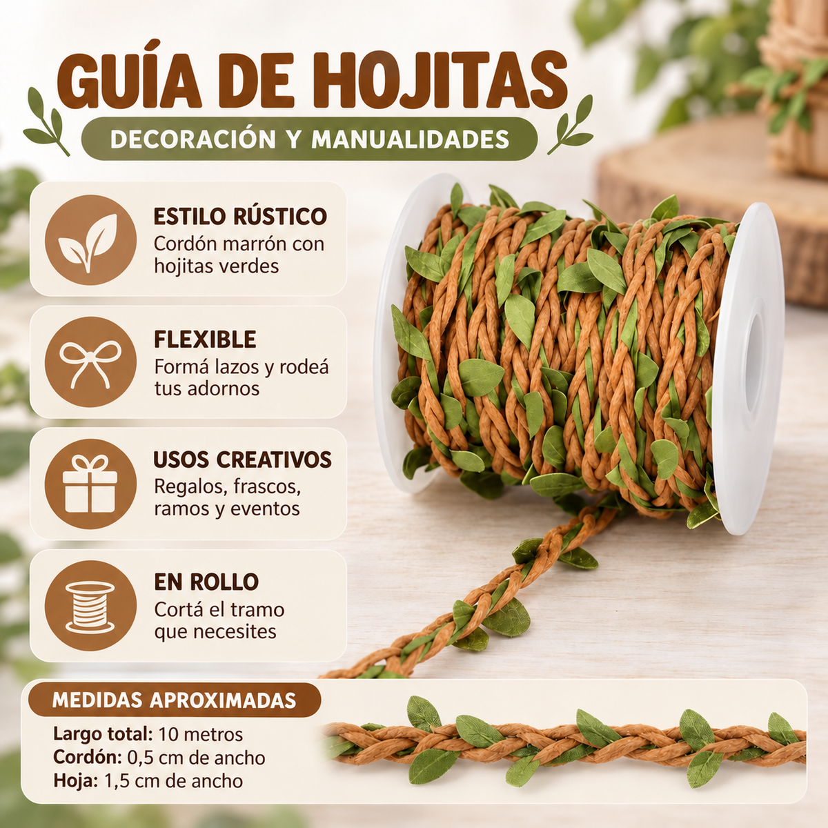 Guía decorativa de hojitas verde marrón en rollo 10 metros