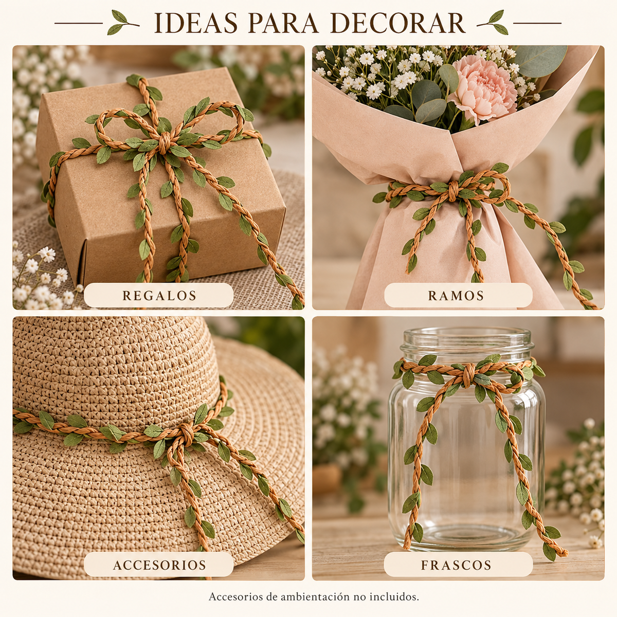Guía decorativa de hojitas verde marrón en rollo 10 metros