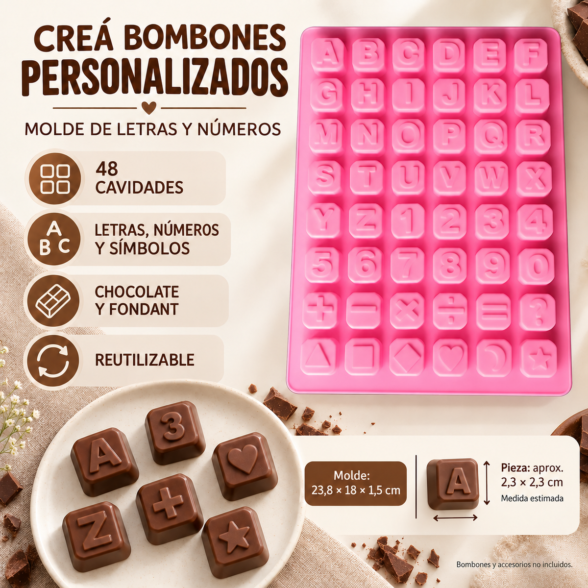 Molde Silicona Letras Numeros 48 Cavidades Chocolate Fondant