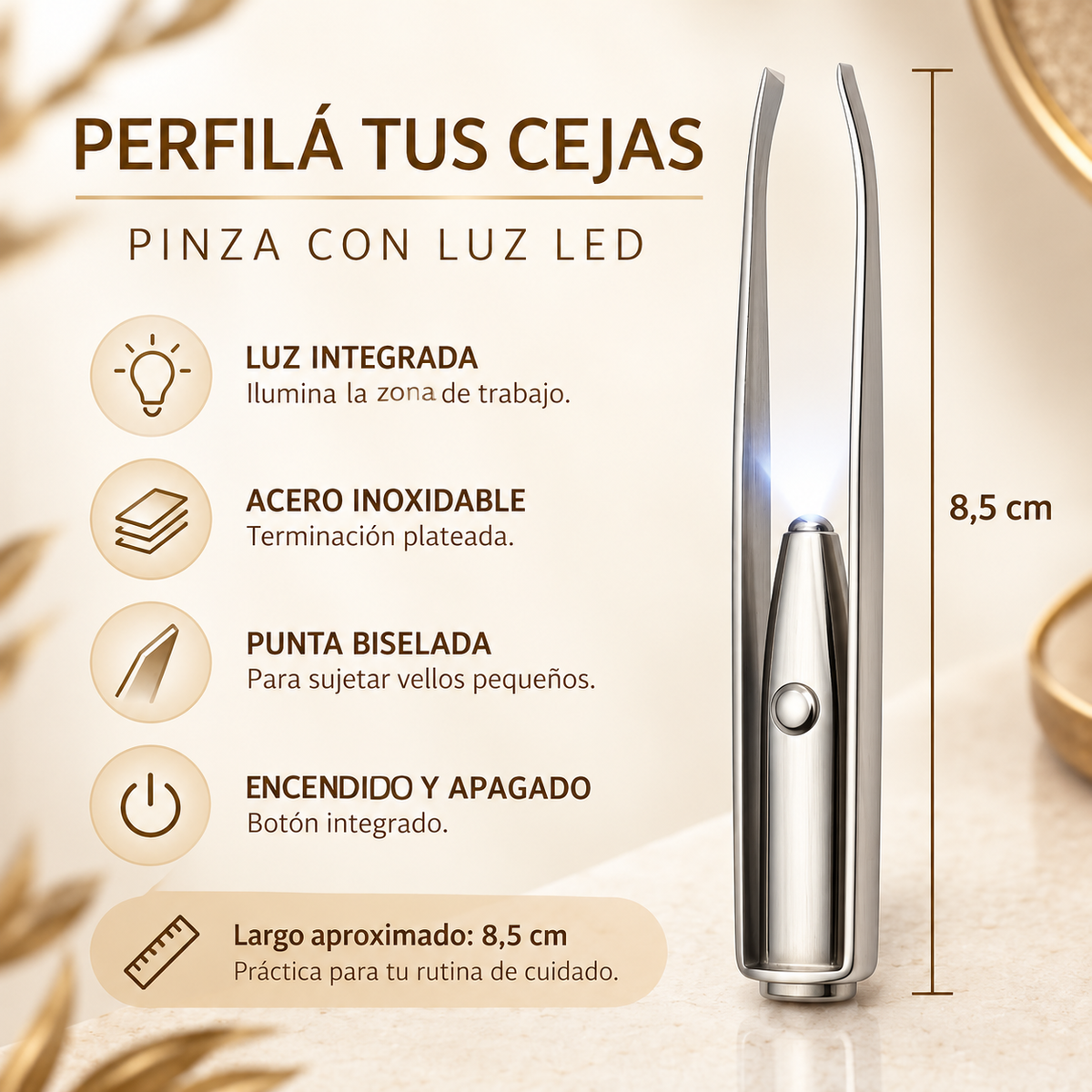 Pinza De Cejas Con Luz Led Acero Inoxidable Punta Biselada