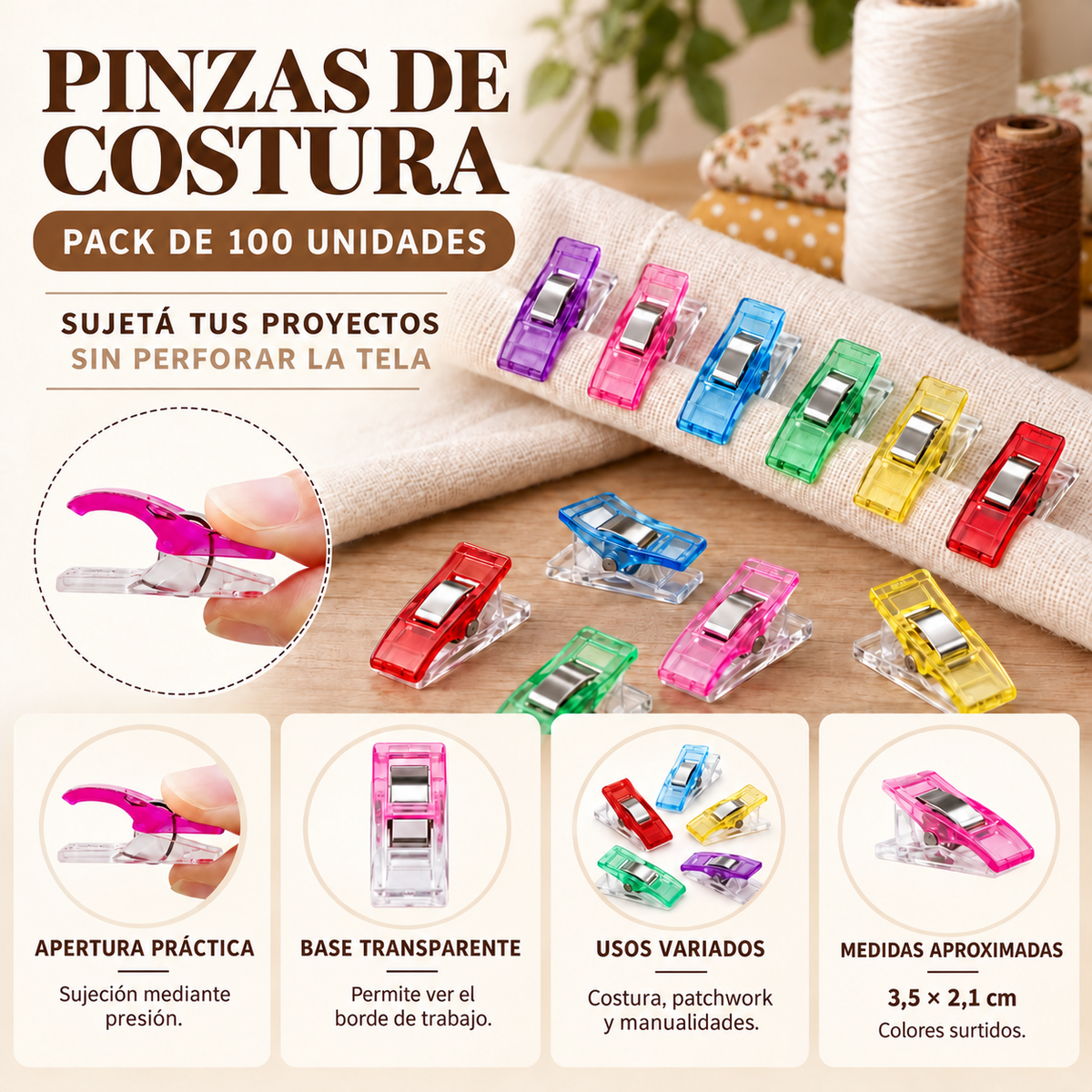 Pinzas de costura en colores surtidos · Pack de 100 unidades